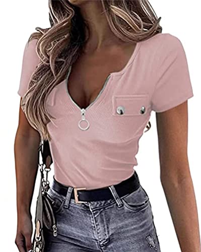 Minetom Damen T-Shirt Kurzarm V Ausschnitt Sexy Reißverschluss Sommer Oberteile Wickelbluse Pullover Schlank Hemd Oberteile Tops D Rosa XL von Minetom