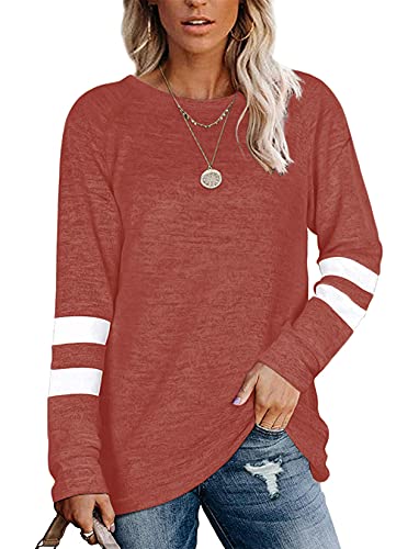 Minetom Damen T-Shirt Langarm Rundhals Freizeit Pullover T Shirts Sweatshirts Basic Langarmshirt Tunika Casual Oberteil Locker Bluse Herbst Winter A Rot XXL von Minetom