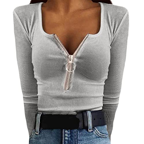 Minetom Damen T-Shirt Langarmshirt Sexy V Ausschnitt Reißverschluss Oberteile Wickelbluse Schlank Hemd Oberteile Tops Grau M von Minetom