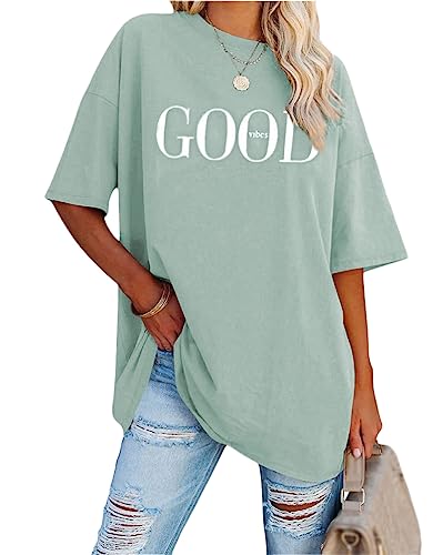 Minetom Damen T-Shirt Oversized Rundhals Kurzarm Lose Sommer Oberteile Mode Tshirt mit Grafik Buchstaben Vintage Drucken Streetwear Sport Casual Lang Tops Teenager Mädchen B Grün M von Minetom