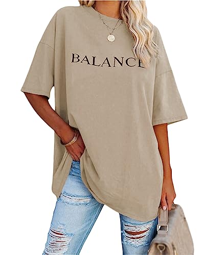 Minetom Damen T-Shirt Oversized Rundhals Kurzarm Lose Sommer Oberteile Mode Tshirt mit Grafik Buchstaben Vintage Drucken Streetwear Sport Casual Lang Tops Teenager Mädchen C Khaki M von Minetom