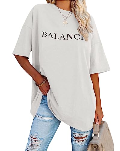 Minetom Damen T-Shirt Oversized Rundhals Kurzarm Lose Sommer Oberteile Mode Tshirt mit Grafik Buchstaben Vintage Drucken Streetwear Sport Casual Lang Tops Teenager Mädchen C Weiß M von Minetom