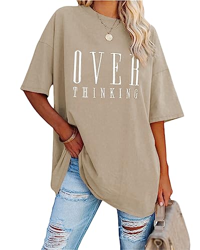 Minetom Damen T-Shirt Oversized Rundhals Kurzarm Lose Sommer Oberteile Mode Tshirt mit Grafik Buchstaben Vintage Drucken Streetwear Sport Casual Lang Tops Teenager Mädchen D Khaki XXL von Minetom