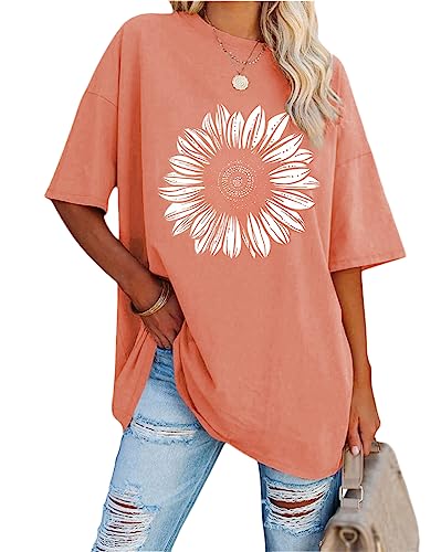 Minetom Damen T-Shirt Oversized Rundhals Kurzarm Lose Sommer Oberteile Mode Tshirt mit Grafik Buchstaben Vintage Drucken Streetwear Sport Casual Lang Tops Teenager Mädchen I Orange M von Minetom