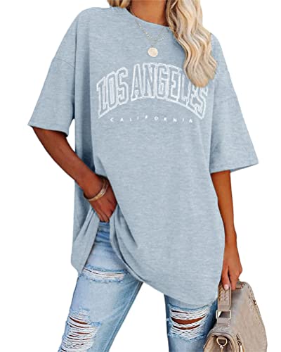 Minetom Damen T-Shirt Oversized Rundhals Kurzarm Lose Sommer Oberteile Mode Tshirt mit Los Angeles Grafik Buchstaben Vintage Drucken Streetwear Sport Casual Lang Tops Teenager Mädchen A Blau M von Minetom