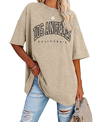 Minetom Damen T-Shirt Oversized Rundhals Kurzarm Lose Sommer Oberteile Mode Tshirt mit Los Angeles Grafik Buchstaben Vintage Drucken Streetwear Sport Casual Lang Tops Teenager Mädchen A Khaki L von Minetom