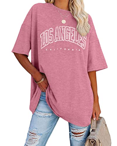 Minetom Damen T-Shirt Oversized Rundhals Kurzarm Lose Sommer Oberteile Mode Tshirt mit Los Angeles Grafik Buchstaben Vintage Drucken Streetwear Sport Casual Lang Tops Teenager Mädchen A Rosa XXL von Minetom