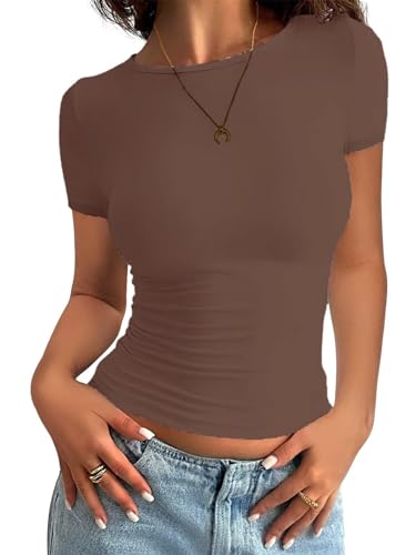 Minetom Damen T-Shirt Slim Fit Basic Kurzarm Crop Top Casual Rundhalsausschnitt Y2K Tops Sommer Oberteile Stretch Eng Mädchen Teenager Streetwear Vintage Aesthetic Outfit A Braun S von Minetom