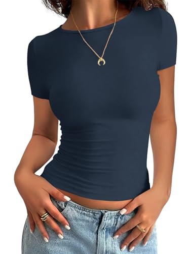 Minetom Damen T-Shirt Slim Fit Basic Kurzarm Crop Top Casual Rundhalsausschnitt Y2K Tops Sommer Oberteile Stretch Eng Mädchen Teenager Streetwear Vintage Aesthetic Outfit A Dunkelblau L von Minetom