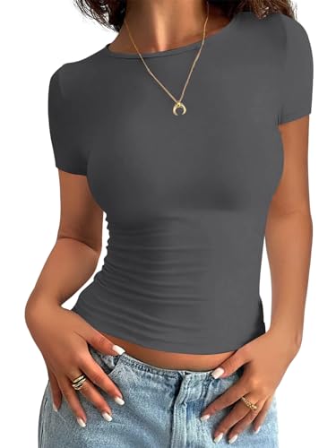 Minetom Damen T-Shirt Slim Fit Basic Kurzarm Crop Top Casual Rundhalsausschnitt Y2K Tops Sommer Oberteile Stretch Eng Mädchen Teenager Streetwear Vintage Aesthetic Outfit A Dunkelgrau L von Minetom