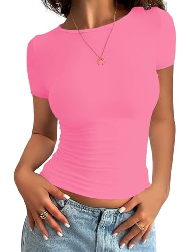 Minetom Damen T-Shirt Slim Fit Basic Kurzarm Crop Top Casual Rundhalsausschnitt Y2K Tops Sommer Oberteile Stretch Eng Mädchen Teenager Streetwear Vintage Aesthetic Outfit A Rosarot XS von Minetom