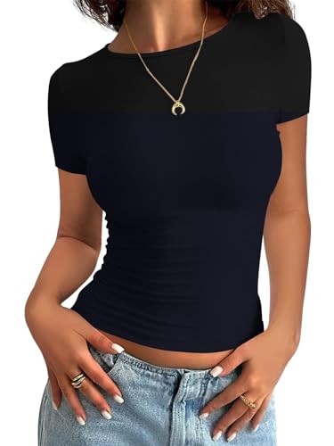 Minetom Damen T-Shirt Slim Fit Basic Kurzarm Crop Top Casual Rundhalsausschnitt Y2K Tops Sommer Oberteile Stretch Eng Mädchen Teenager Streetwear Vintage Aesthetic Outfit A Schwarz L von Minetom