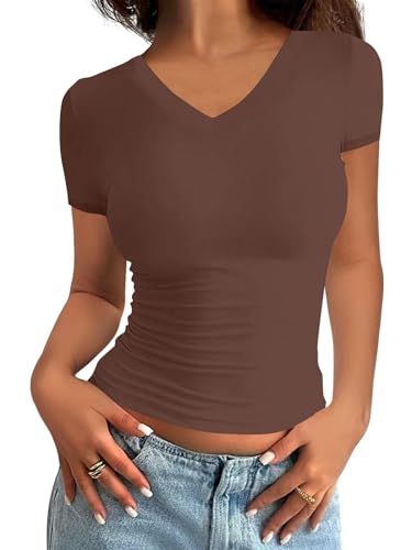 Minetom Damen T-Shirt Slim Fit Basic Kurzarm Crop Top Casual Rundhalsausschnitt Y2K Tops Sommer Oberteile Stretch Eng Mädchen Teenager Streetwear Vintage Aesthetic Outfit B Braun XS von Minetom