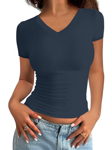 Minetom Damen T-Shirt Slim Fit Basic Kurzarm Crop Top Casual Rundhalsausschnitt Y2K Tops Sommer Oberteile Stretch Eng Mädchen Teenager Streetwear Vintage Aesthetic Outfit B Dunkelblau XS von Minetom