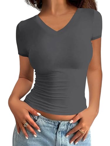 Minetom Damen T-Shirt Slim Fit Basic Kurzarm Crop Top Casual Rundhalsausschnitt Y2K Tops Sommer Oberteile Stretch Eng Mädchen Teenager Streetwear Vintage Aesthetic Outfit B Dunkelgrau XS von Minetom