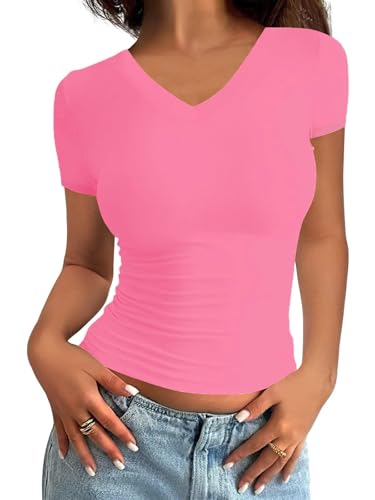 Minetom Damen T-Shirt Slim Fit Basic Kurzarm Crop Top Casual Rundhalsausschnitt Y2K Tops Sommer Oberteile Stretch Eng Mädchen Teenager Streetwear Vintage Aesthetic Outfit B Rosarot S von Minetom