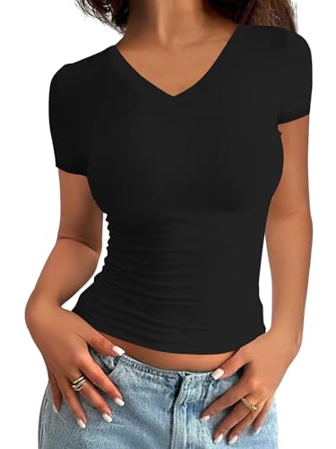 Minetom Damen T-Shirt Slim Fit Basic Kurzarm Crop Top Casual Rundhalsausschnitt Y2K Tops Sommer Oberteile Stretch Eng Mädchen Teenager Streetwear Vintage Aesthetic Outfit B Schwarz M von Minetom