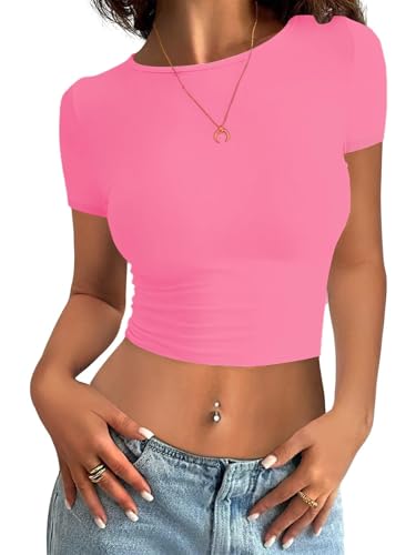 Minetom Damen T-Shirt Slim Fit Basic Kurzarm Crop Top Casual Rundhalsausschnitt Y2K Tops Sommer Oberteile Stretch Eng Mädchen Teenager Streetwear Vintage Aesthetic Outfit C Rosarot XS von Minetom