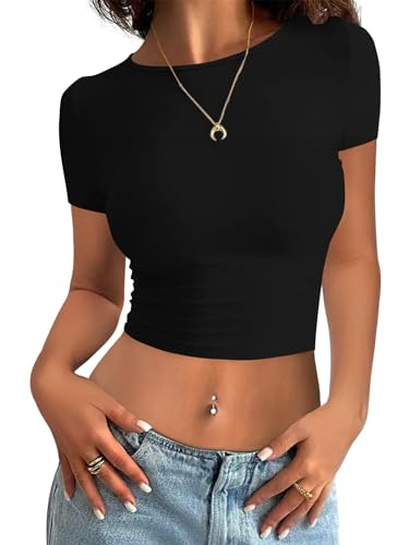 Minetom Damen T-Shirt Slim Fit Basic Kurzarm Crop Top Casual Rundhalsausschnitt Y2K Tops Sommer Oberteile Stretch Eng Mädchen Teenager Streetwear Vintage Aesthetic Outfit C Schwarz XL von Minetom
