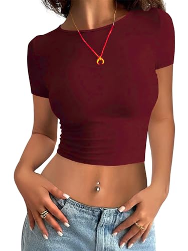Minetom Damen T-Shirt Slim Fit Basic Kurzarm Crop Top Casual Rundhalsausschnitt Y2K Tops Sommer Oberteile Stretch Eng Mädchen Teenager Streetwear Vintage Aesthetic Outfit C Weinrot XL von Minetom