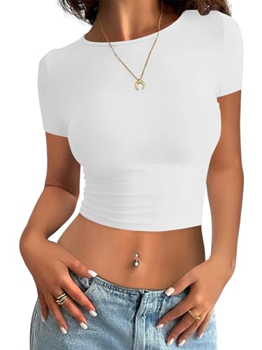 Minetom Damen T-Shirt Slim Fit Basic Kurzarm Crop Top Casual Rundhalsausschnitt Y2K Tops Sommer Oberteile Stretch Eng Mädchen Teenager Streetwear Vintage Aesthetic Outfit C Weiß S von Minetom