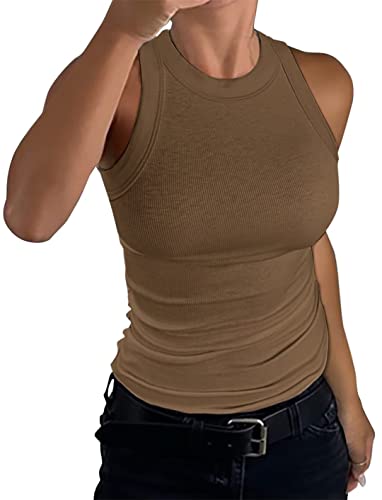 Minetom Damen Tank Top Ärmellose Sommer Sexy Crop Tops Racerback T Shirt Rundhals Einfarbig Basic Slim Fit Shirts Elegant Gerippt Oberteile Ribbed Knit Camisole A Braun L von Minetom