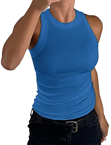 Minetom Damen Tank Top Ärmellose Sommer Sexy Crop Tops Racerback T Shirt Rundhals Einfarbig Basic Slim Fit Shirts Elegant Gerippt Oberteile Ribbed Knit Camisole A Dunkelblau S von Minetom