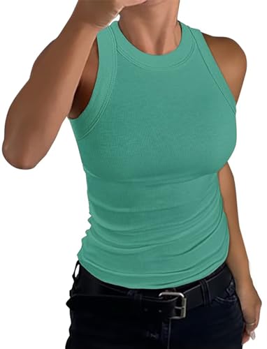 Minetom Damen Tank Top Ärmellose Sommer Sexy Crop Tops Racerback T Shirt Rundhals Einfarbig Basic Slim Fit Shirts Elegant Gerippt Oberteile Ribbed Knit Camisole A Grün L von Minetom