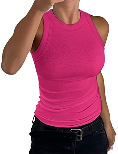 Minetom Damen Tank Top Ärmellose Sommer Sexy Crop Tops Racerback T Shirt Rundhals Einfarbig Basic Slim Fit Shirts Elegant Gerippt Oberteile Ribbed Knit Camisole A Rosa M von Minetom