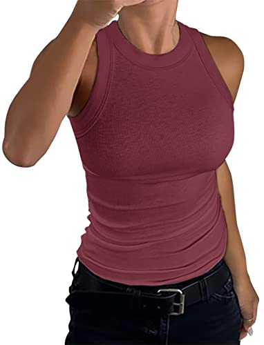 Minetom Damen Tank Top Ärmellose Sommer Sexy Crop Tops Racerback T Shirt Rundhals Einfarbig Basic Slim Fit Shirts Elegant Gerippt Oberteile Ribbed Knit Camisole A Weinrot M von Minetom