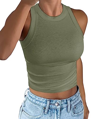 Minetom Damen Tank Top Ärmellose Sommer Sexy Crop Tops Racerback T Shirt Rundhals Einfarbig Basic Slim Fit Shirts Elegant Gerippt Oberteile Ribbed Knit Camisole B Armeegrün M von Minetom