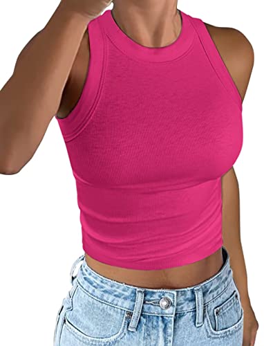 Minetom Damen Tank Top Ärmellose Sommer Sexy Crop Tops Racerback T Shirt Rundhals Einfarbig Basic Slim Fit Shirts Elegant Gerippt Oberteile Ribbed Knit Camisole B Rosa M von Minetom