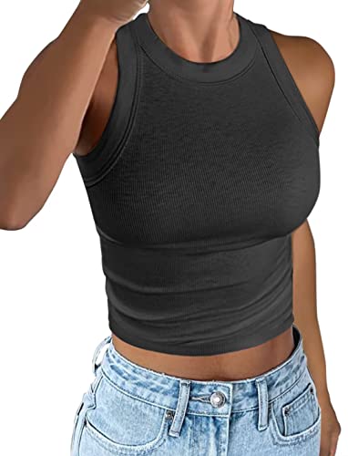 Minetom Damen Tank Top Ärmellose Sommer Sexy Crop Tops Racerback T Shirt Rundhals Einfarbig Basic Slim Fit Shirts Elegant Gerippt Oberteile Ribbed Knit Camisole B Schwarz M von Minetom