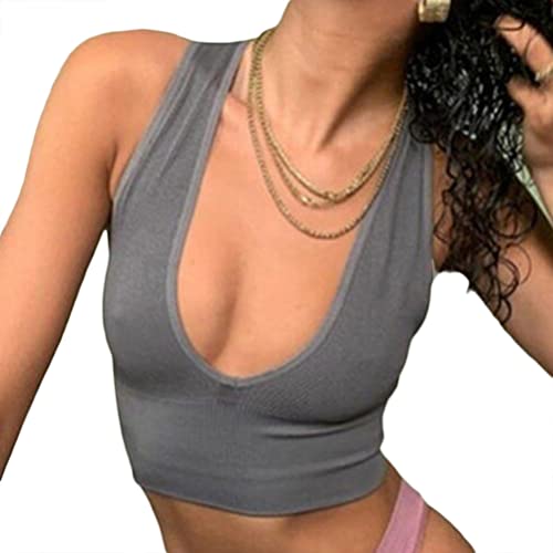 Minetom Damen Tank Top Sexy Tiefer V Ausschnitt Crop Tops Sommer Ärmellose Basic Shirt Camisole Bauchfrei Oberteile A Grau M von Minetom