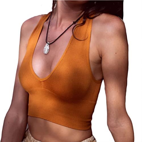 Minetom Damen Tank Top Sexy Tiefer V Ausschnitt Crop Tops Sommer Ärmellose Basic Shirt Camisole Bauchfrei Oberteile A Orange L von Minetom