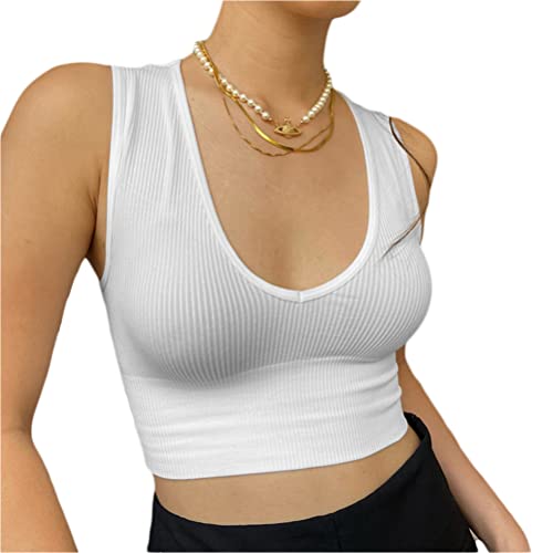 Minetom Damen Tank Top Sexy Tiefer V Ausschnitt Crop Tops Sommer Ärmellose Basic Shirt Camisole Bauchfrei Oberteile A Weiß L von Minetom