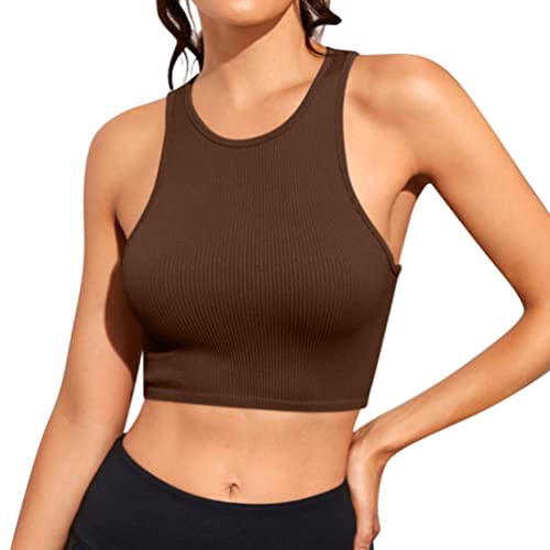 Minetom Damen Tank Top Sexy Tiefer V Ausschnitt Crop Tops Sommer Ärmellose Sport Basic Shirt Camisole Oberteile D Braun XS von Minetom