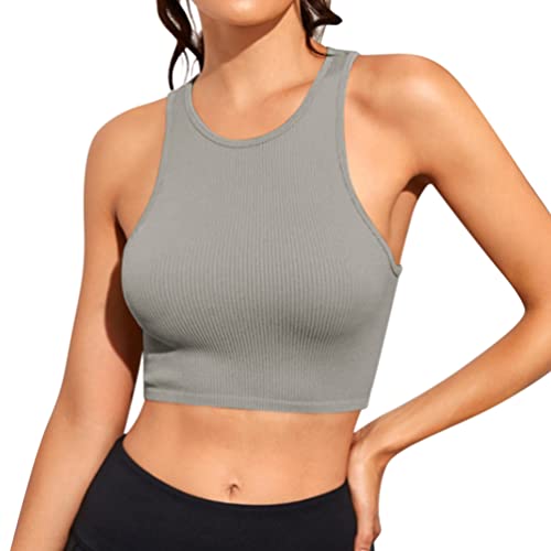 Minetom Damen Tank Top Sexy Tiefer V Ausschnitt Crop Tops Sommer Ärmellose Sport Basic Shirt Camisole Oberteile D Grau S von Minetom