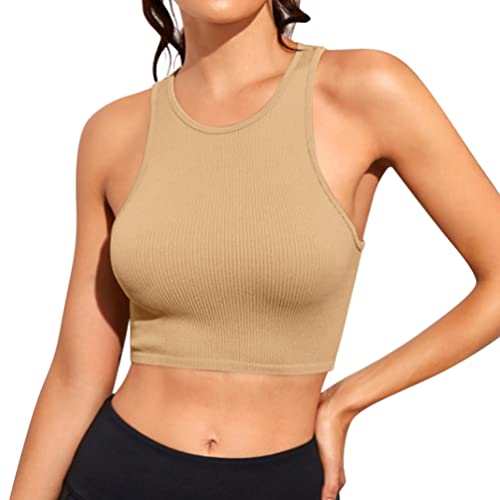 Minetom Damen Tank Top Sexy Tiefer V Ausschnitt Crop Tops Sommer Ärmellose Sport Basic Shirt Camisole Oberteile D Khaki S von Minetom