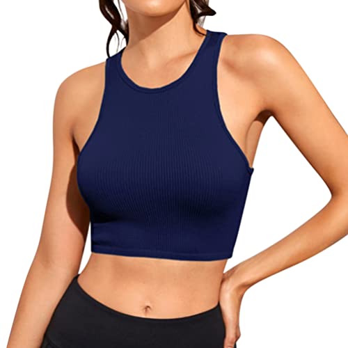 Minetom Damen Tank Top Sexy Tiefer V Ausschnitt Crop Tops Sommer Ärmellose Sport Basic Shirt Camisole Oberteile D Marine M von Minetom