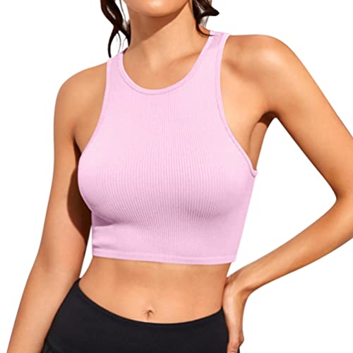 Minetom Damen Tank Top Sexy Tiefer V Ausschnitt Crop Tops Sommer Ärmellose Sport Basic Shirt Camisole Oberteile D Rosa S von Minetom