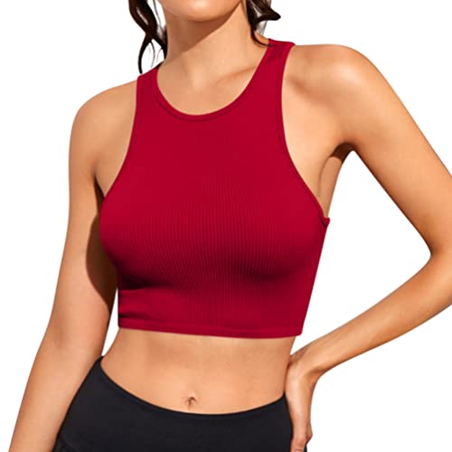 Minetom Damen Tank Top Sexy Tiefer V Ausschnitt Crop Tops Sommer Ärmellose Sport Basic Shirt Camisole Oberteile D Rot S von Minetom