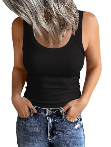 Minetom Damen Tank Top Sommer Slim Fit Oberteile Gerippt Ärmellos Basic Shirt Sommer Weste Crop Top Ribbed Träger Tops 2024 A Schwarz L von Minetom
