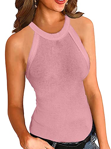 Minetom Damen Tank Top Sommer Strickshirts Strickoberteil Top Ärmellose Shirt Basic Oberteile Solid Round Neck Ribbed B Rosa 34 von Minetom