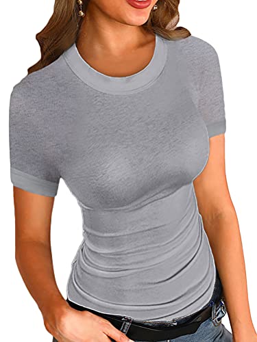 Minetom Damen Tank Top Sommer Strickshirts Strickoberteil Top Ärmellose Shirt Basic Oberteile Solid Round Neck Ribbed F Grau 46 von Minetom