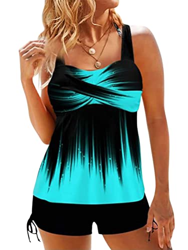 Minetom Damen Tankini Zweiteilig Badeanzug Bademoden Bauchweg Tankini Set Drucken Oberteile Und Badeshorts Badeanzug Beachwear Zweiteiler Mit Pads E Blau 3XL von Minetom