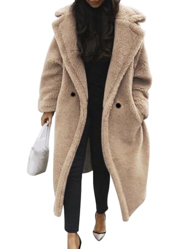 Minetom Damen Teddy Fleece Mantel Oversized Jacke Lang Flauschige Warme Winter Mit Taschen Winterjacke Revers Parka Plüschjacke Plüschmantel Cardigan Outwear A Aprikose L von Minetom