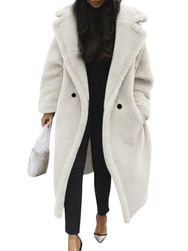 Minetom Damen Teddy Fleece Mantel Oversized Jacke Lang Flauschige Warme Winter Mit Taschen Winterjacke Revers Parka Plüschjacke Plüschmantel Cardigan Outwear A Beige 3XL von Minetom