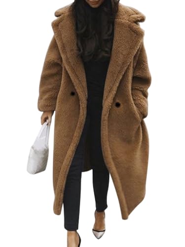 Minetom Damen Teddy Fleece Mantel Oversized Jacke Lang Flauschige Warme Winter Mit Taschen Winterjacke Revers Parka Plüschjacke Plüschmantel Cardigan Outwear A Braun 3XL von Minetom