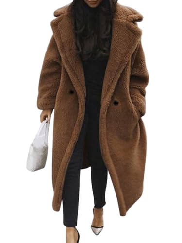 Minetom Damen Teddy Fleece Mantel Oversized Jacke Lang Flauschige Warme Winter Mit Taschen Winterjacke Revers Parka Plüschjacke Plüschmantel Cardigan Outwear A Dunkelbraun L von Minetom